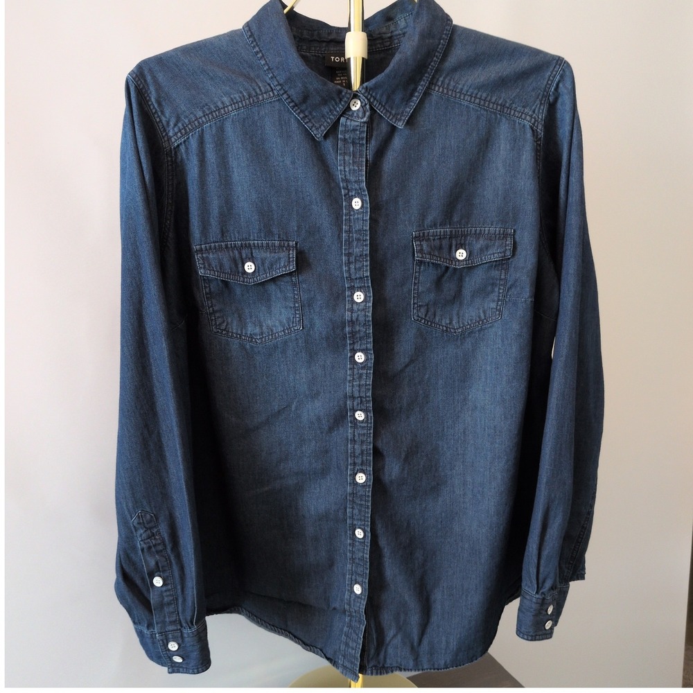Torrid Denim Button Down Shirt Womens 1X Dark Wash Blue Long Sleeve Cotton